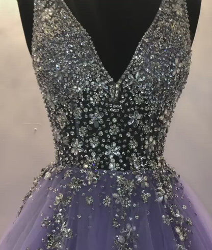 A-line Purple Tulle Beaded Long Prom Dress Formal Evening Gowns QP2272