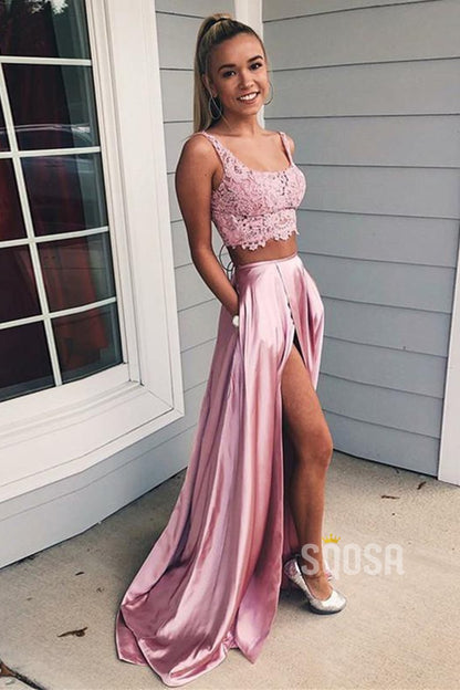 Double Straps Lace Top Burgundy Satin Two Piece Prom Dress with Pockets QH0900|SQOSA