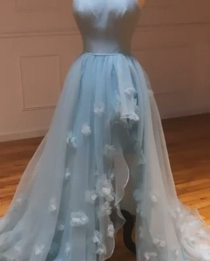 Sky Blue Tulle Strapless 3D Appliques A-Line Long Prom Dress with Slit QP1105