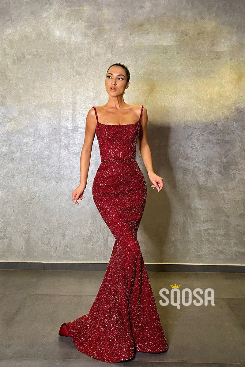 Spaghetti Straps Scoop Mermaid Burgundy Prom Dress QP2313