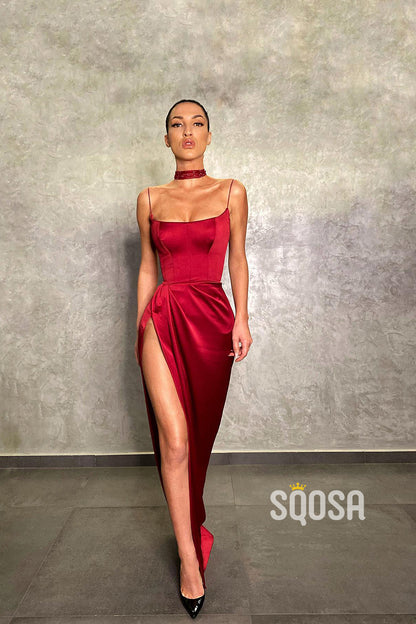Unique Scoop Side Slit Red Long Prom Formal Dress QP2292