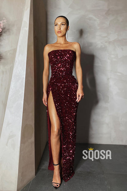 Strapless Sheath SIde Slit Sequins Sparkly Prom Party Dress QP2298