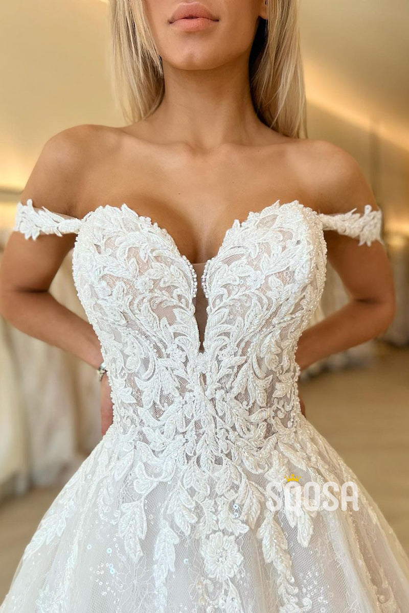 Off the Shoulder Romantic Lace Wedding Dress Bridal Gown QW2291