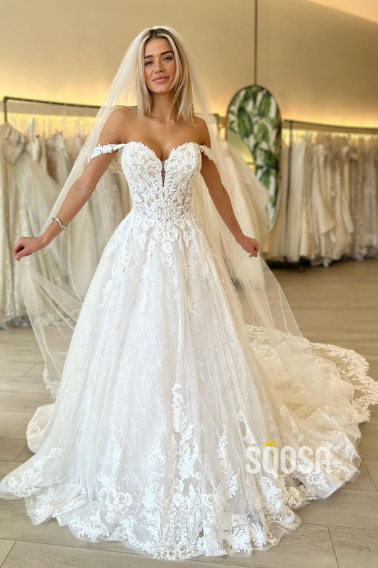 Off the Shoulder Romantic Lace Wedding Dress Bridal Gown QW2291
