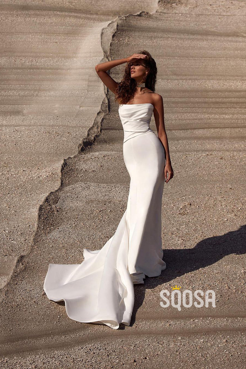 Sheath/Column Strapless Pleats Beach Wedding Dress Bridal Gown QW2084