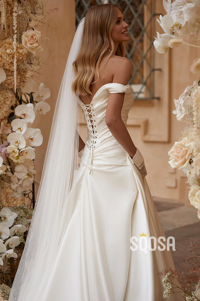 Off the Shoulder Pleats A Line Rustic Wedding Dress Bridal Gown QW2082