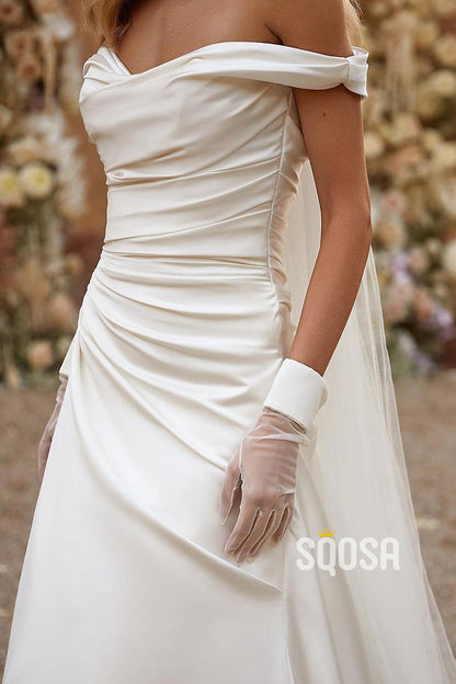 Off the Shoulder Pleats A Line Rustic Wedding Dress Bridal Gown QW2082