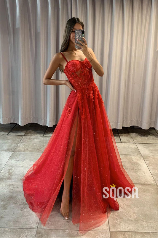Women'traps Red Tulle Appliques Long Prom Dress with Slit QP3040|SQOSA