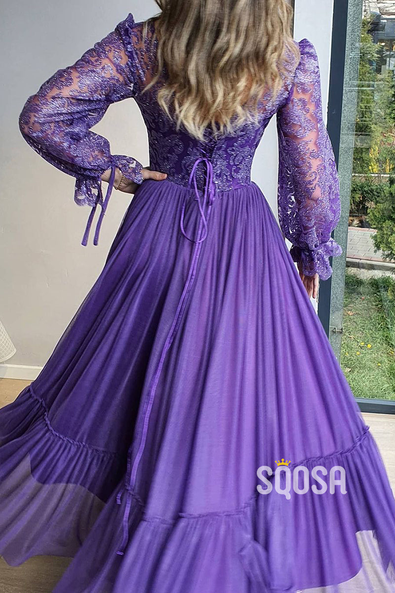 Unique Scoop Lace Long Sleeves A-line Formal Evening Dress QP3041|SQOSA