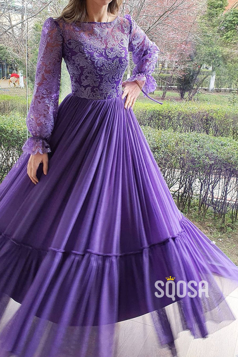Unique Scoop Lace Long Sleeves A-line Formal Evening Dress QP3041|SQOSA