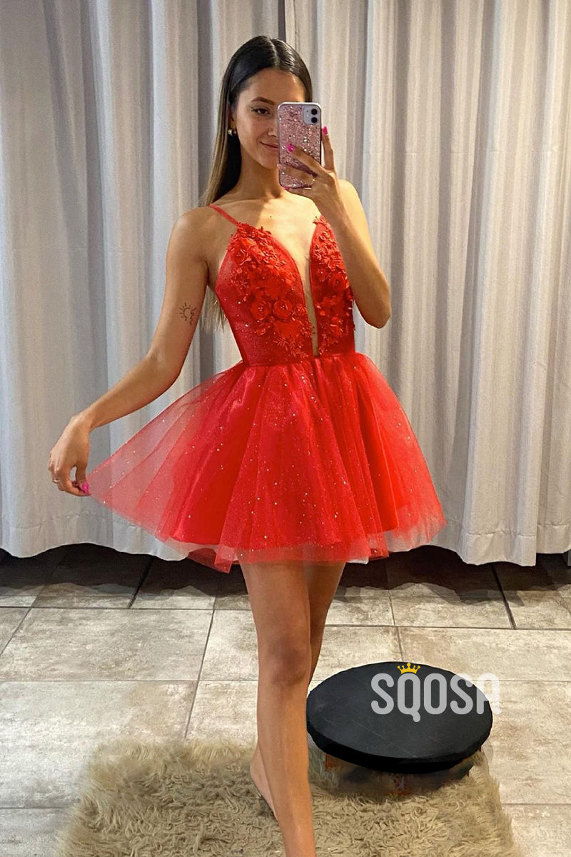 Plunging V-neck Red Tulle Appliques Prom Dress with Detachable Skirt Homecoming Dress QP3042|SQOSA