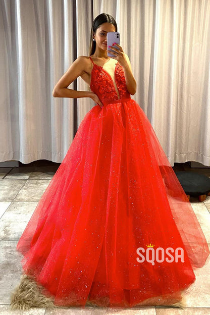 Plunging V-neck Red Tulle Appliques Prom Dress with Detachable Skirt Homecoming Dress QP3042|SQOSA