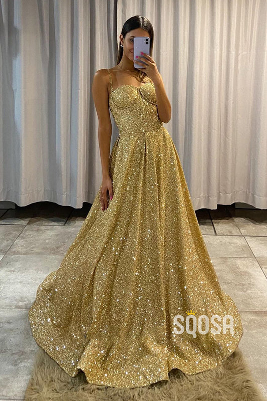Spaghetti Straps Gold Prom Dress Glitter QP3044|SQOSA