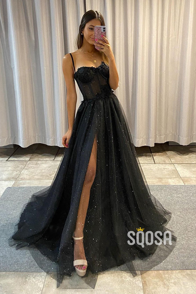 Spaghetti Straps Tulle Appliques Long Prom Dress with Slit QP3047|SQOSA