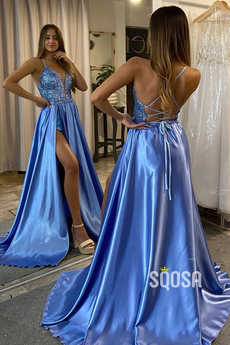 Plunging V-neck Detachable Train Prom Homecoming Dress with Slit QP3049|SQOSA