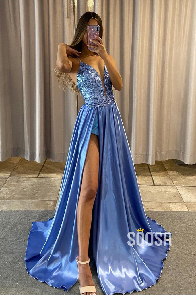Plunging V-neck Detachable Train Prom Homecoming Dress with Slit QP3049|SQOSA