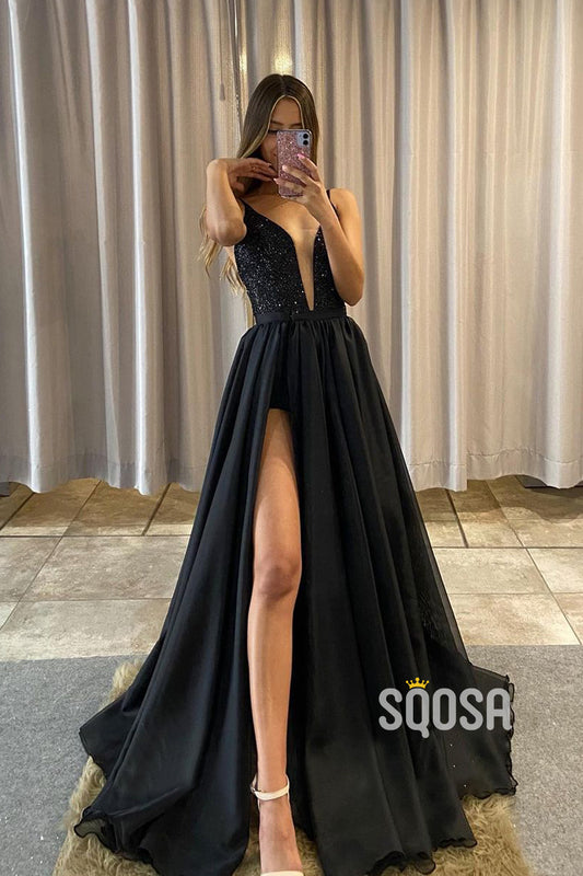 Plunging V-neck Sequins Detachable Skirt Prom Dress with Slit Homecoming Dress QP3050|SQOSA