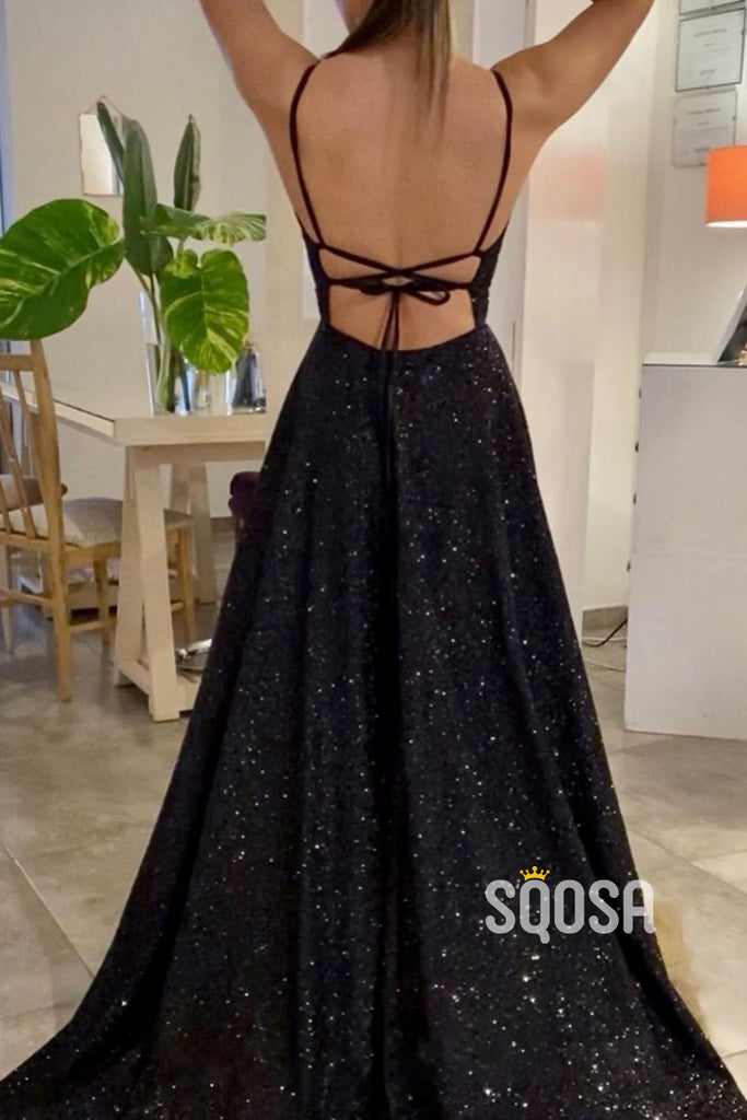 Plunging V-neck Black Sparkly Prom Dress with Pockets QP3055|SQOSA