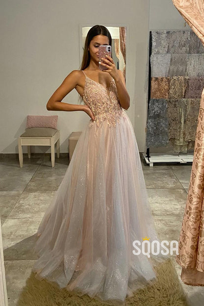 Spaghetti Straps Tulle Appliques A-line Long Prom Dress QP3056|SQOSA