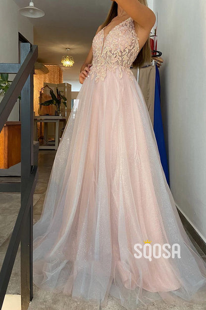 Spaghetti Straps Tulle Appliques A-line Long Prom Dress QP3056|SQOSA
