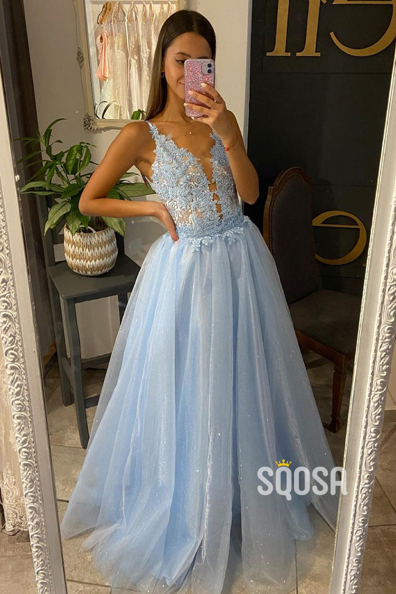 Plunging V-neck Tulle Appliques Prom Dress with Detachable Train QP3057|SQOSA