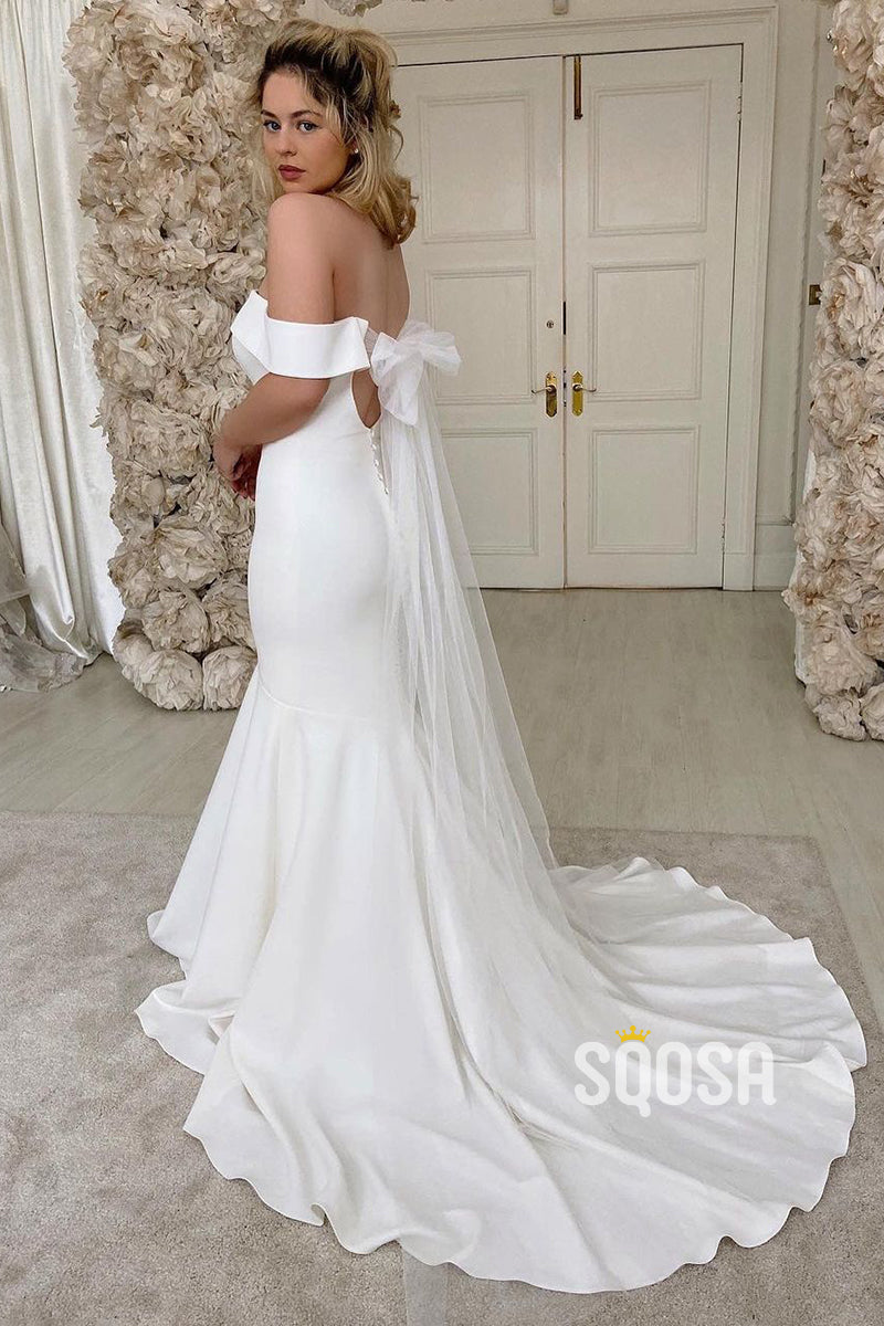 Off the Shoulder Ivory Satin Mermaid Wedding Dress QW2651|SQOSA