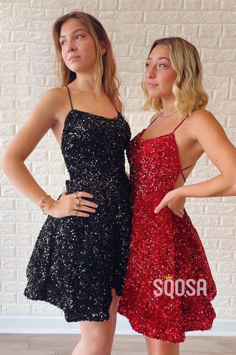 A-line Spaghetti Straps Sequins Short Homecoming Dress QS2178