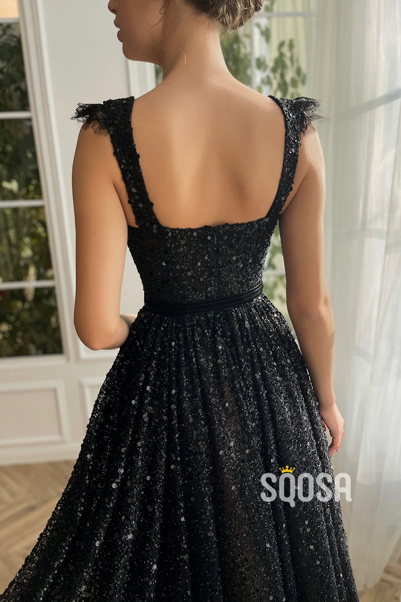 A-line Double Straps Sequins Black Vintage Prom Dress with Pockets QP2219