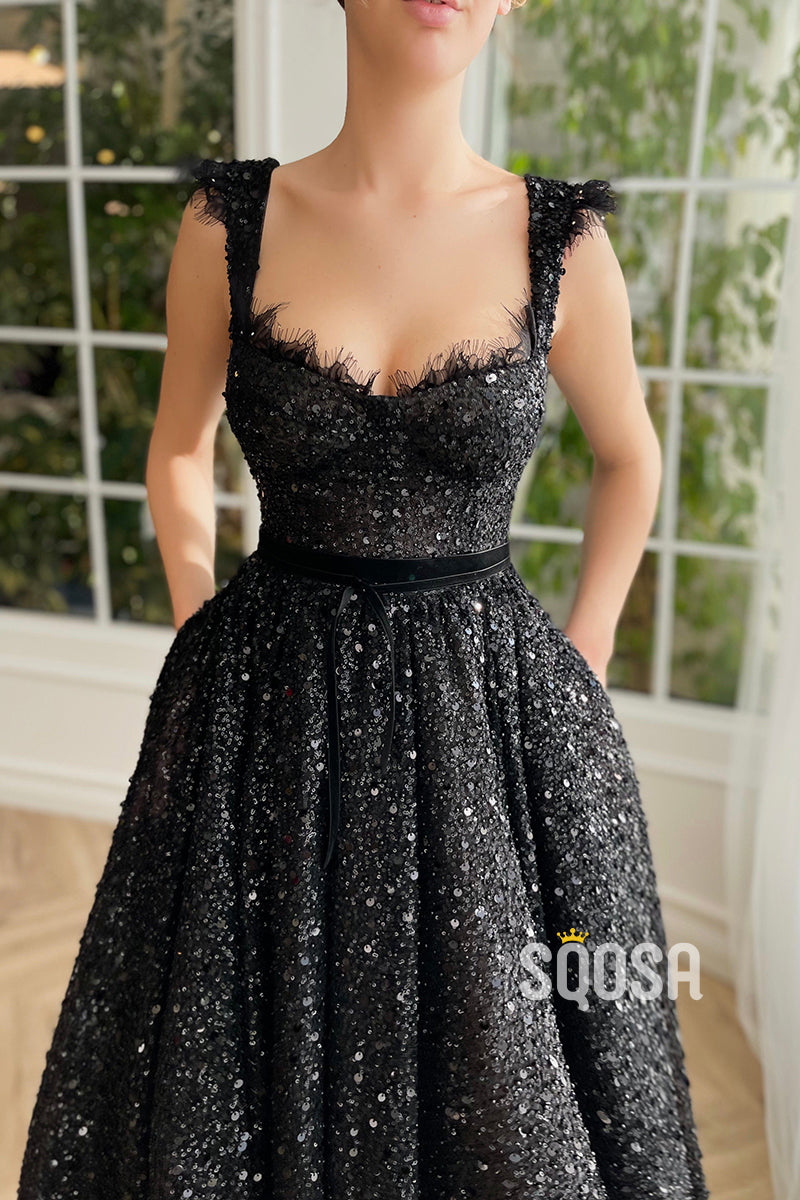 A-line Double Straps Sequins Black Vintage Prom Dress with Pockets QP2219