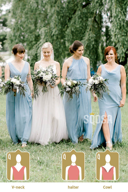 Sky Blue Chiffon Pleat A-line Long Cheap Bridesmaid Dress QB0823|SQOSA