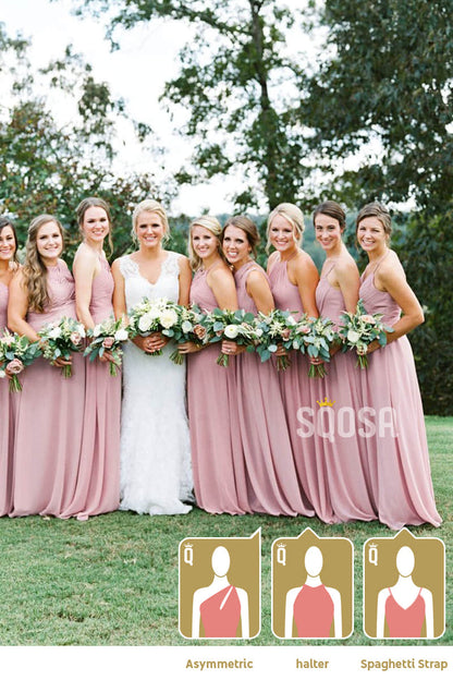 A-Line Pink Chiffon Pleat Long Bridesmaid Dress QB0830|SQOSA