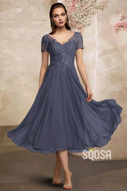 A-Line Mother of the Bride Dress Plus Size Elegant V Neck Tea Length QM3083