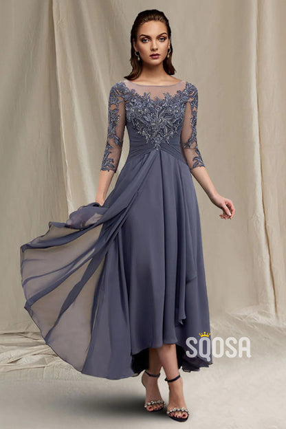 A-Line Mother of the Bride Dress Plus Size Elegant Jewel Neck Asymmetrical Tea Length QM3084