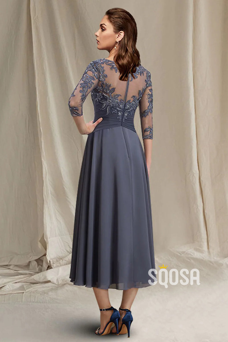 A-Line Mother of the Bride Dress Plus Size Elegant Jewel Neck Asymmetrical Tea Length QM3084