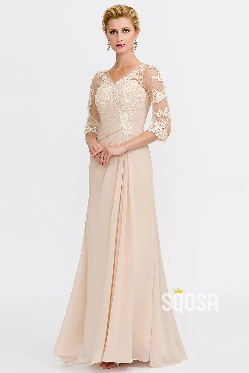 Sheath / Column Mother of the Bride Dress Elegant See Through V Neck Floor Length QM3094