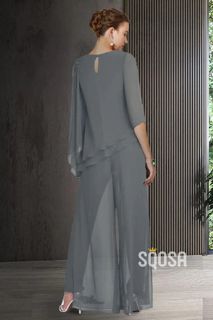 Two Piece Pantsuit / Jumpsuit Mother of the Bride Dress Plus Size Elegant Jewel Neck Floor Length QM3096