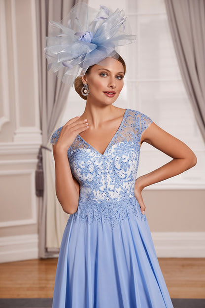 A-Line V-Neck Lace Appliques Cap Sleeves Elegant Plus Size Mother of the Bride Dress QM3130