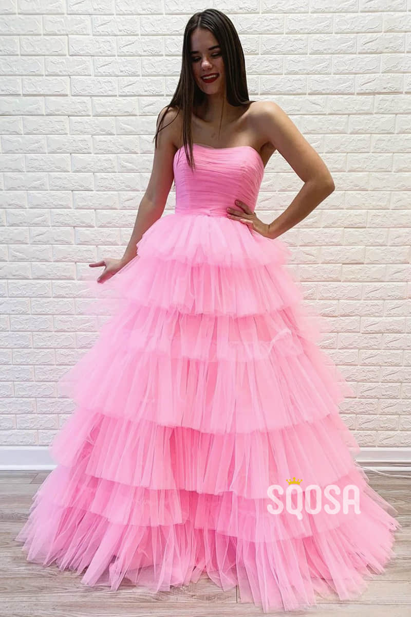 Strapless Pink Tulle Unique Tiered A-Line Long Prom Dress QP1149|SQOSA