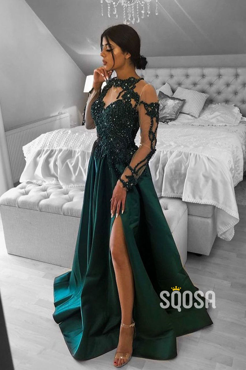 Illusion Neckline Beads Long Sleeves Formal Evening Dresses with Slit QP1175