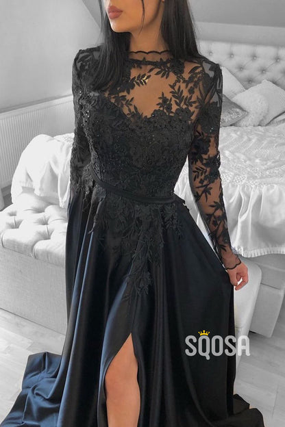 Chic Bateau Illusion Lace Long Sleeves High Split Black Formal Evening Gowns QP1189