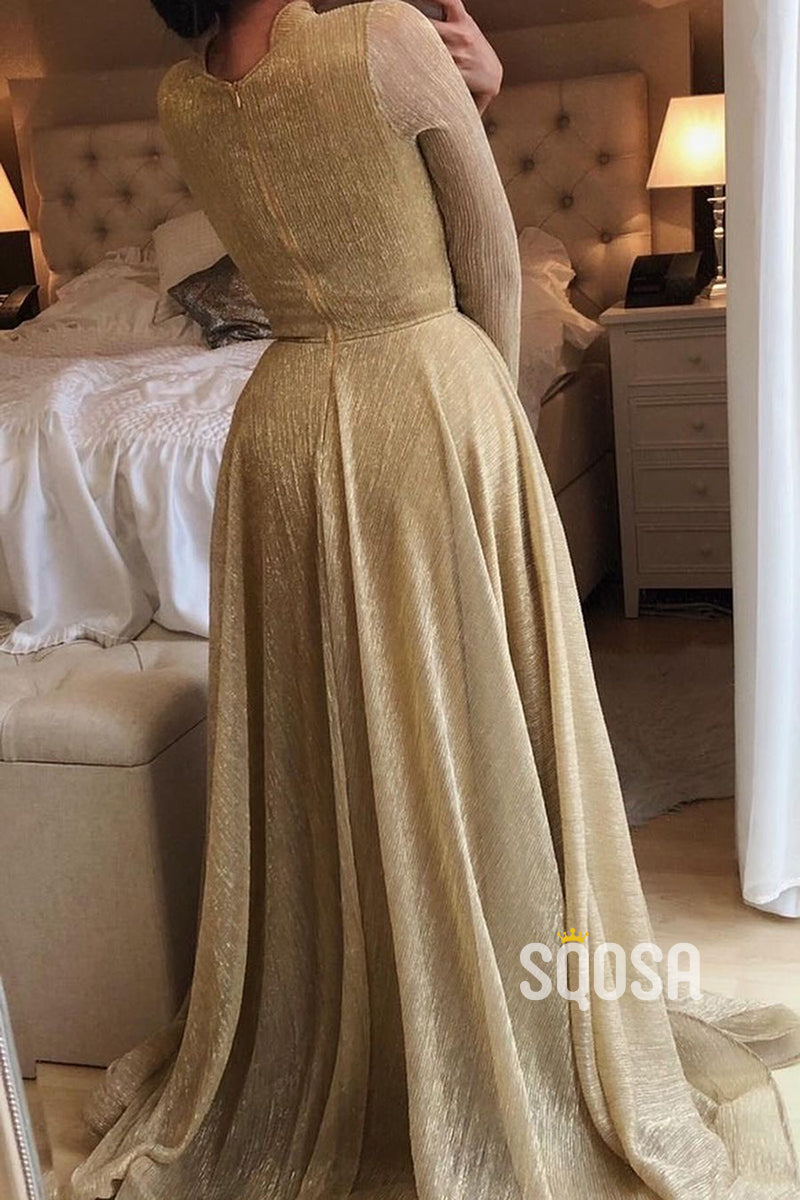 High Neckline Beads Gold Sparkly Formal Evening Dress with Sleeves QP1192