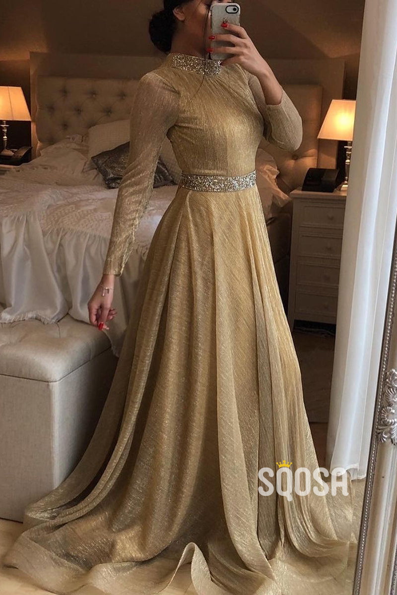 High Neckline Beads Gold Sparkly Formal Evening Dress with Sleeves QP1192