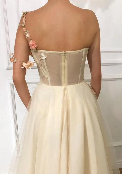 A-line One Shoulder Tulle Appliques Long Prom Dress with Slit QP1307