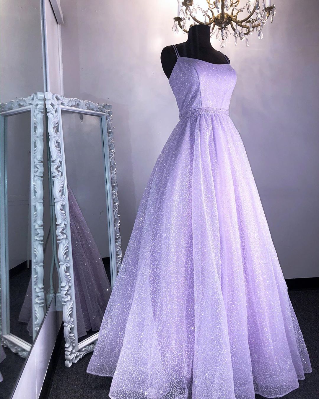 A-Line Lilac Tulle Scoop Spaghetti Straps Sparkle Prom Dress with Pockets QP1318