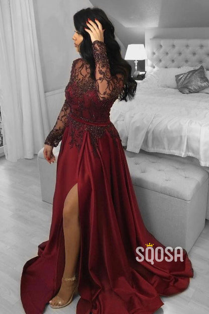 Illusion Neckline Lace Long Sleeves Formal Evening Dresses with Slit QP1391