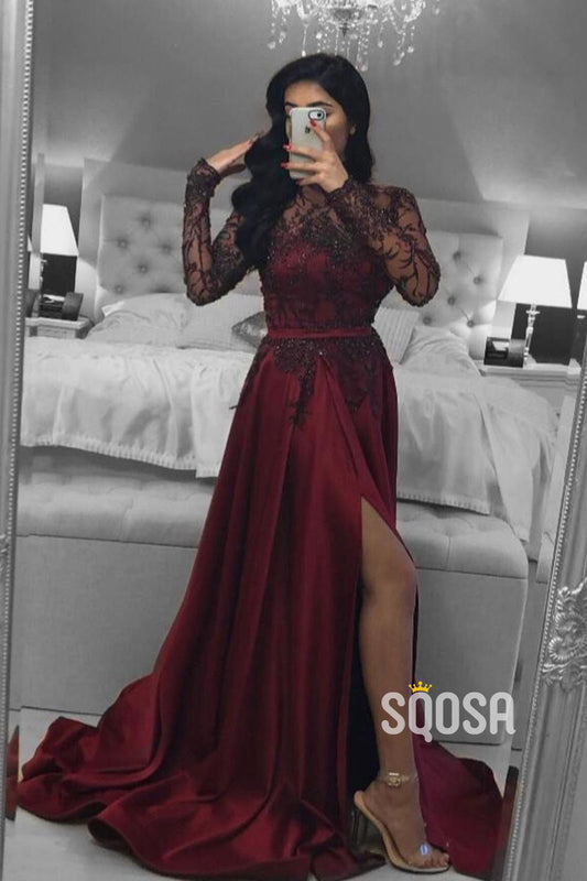 Illusion Neckline Lace Long Sleeves Formal Evening Dresses with Slit QP1391