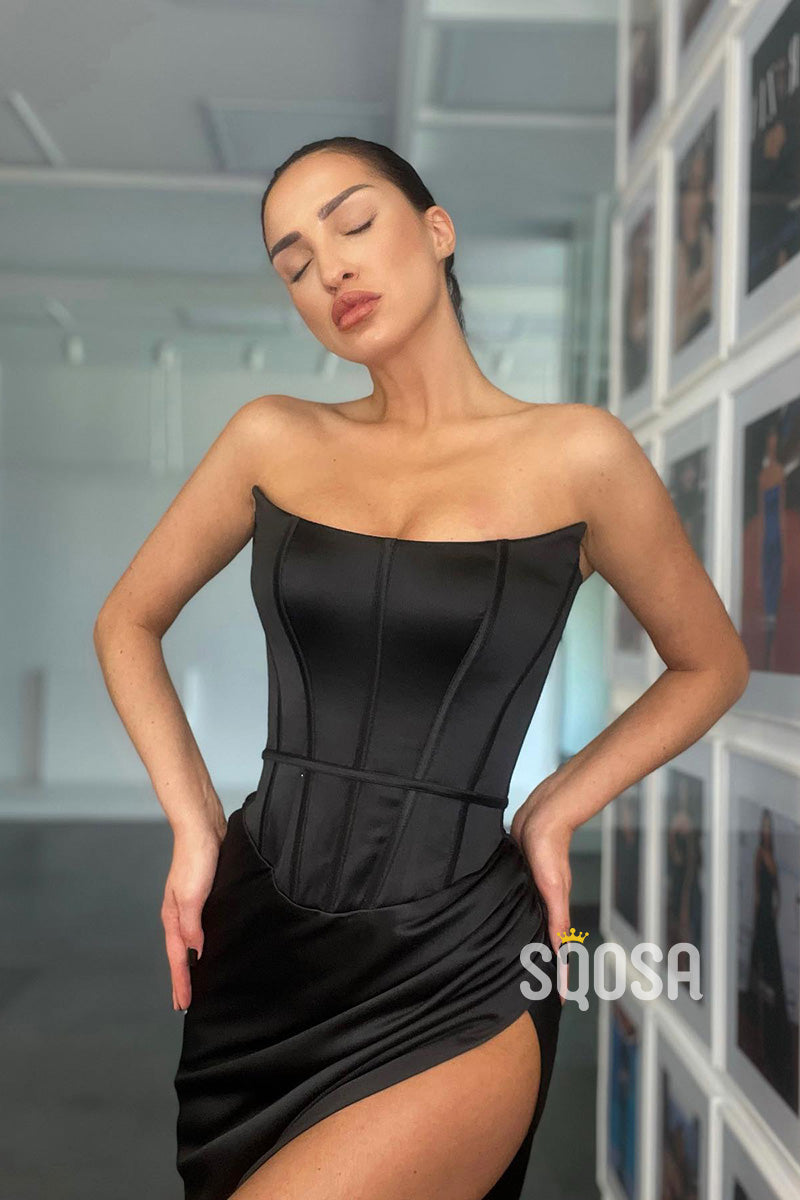 Strapless Pleats High Split Black Prom Formal Gowns QP3009