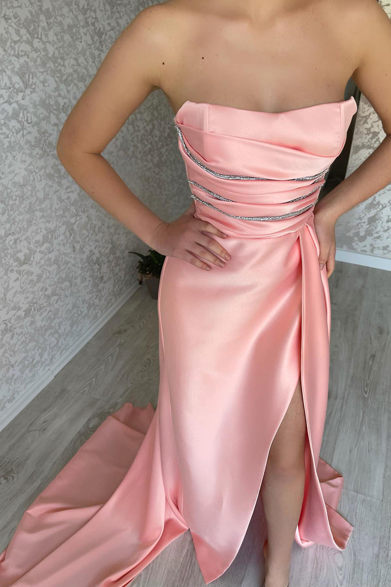 Strapless Beads High Split Pink Long Prom Formal Dress QP2086