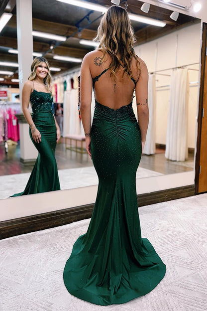 Spaghetti Straps Lace Appliques Beads Sparkly Mermaid Long Prom Dress QP2104