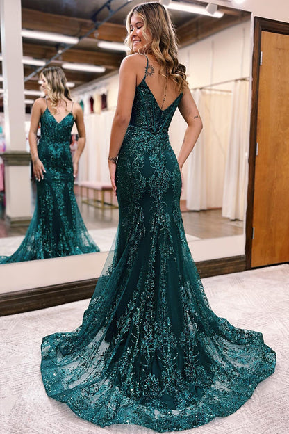 Sexy V-Neck Sequins Appliques Mermaid Long Prom Dress QP2108